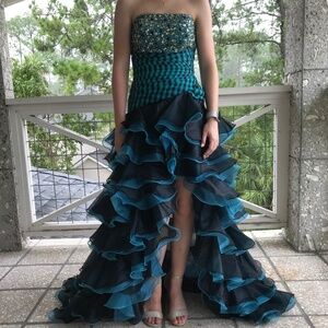 CAMILLE LA VIE STRAPLESS  TIERED RUFFLE TEAL & BLACK PROM DRESS